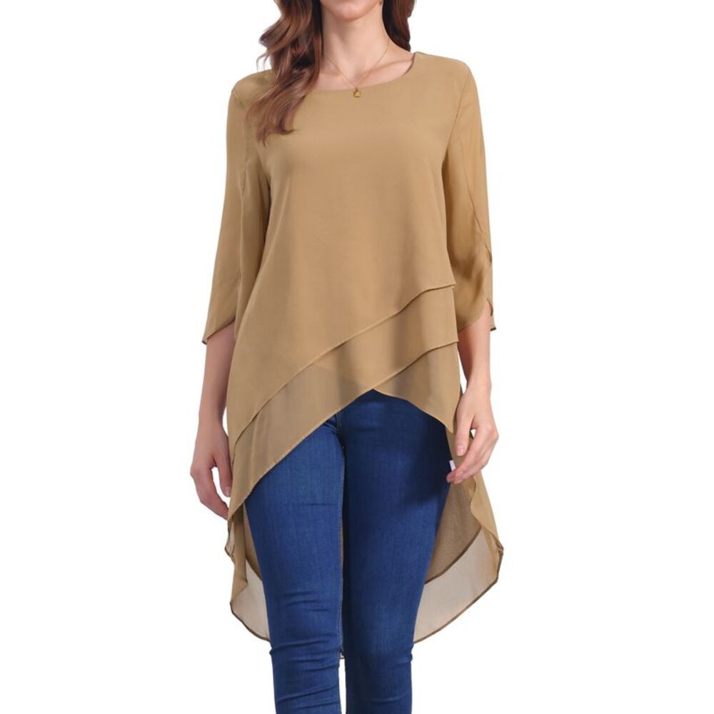 Scoop Neck Chiffon Blouse Asymmetrical Shirt 3/4 Sleeve Casual Top Khaki
